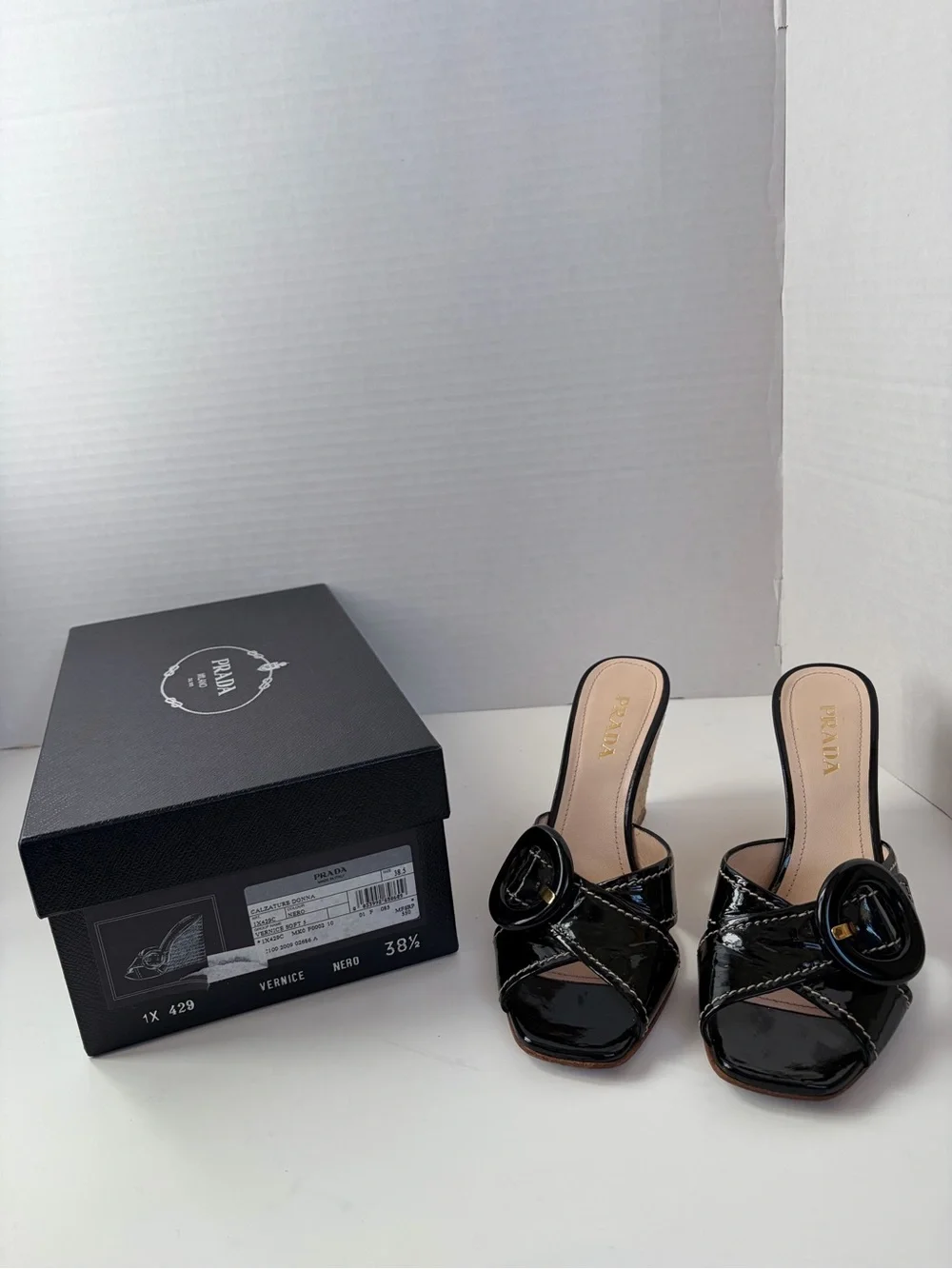 Prada Espadrille Wedge Sandals Vernice Buckle Patent Leather Black Size 38.5